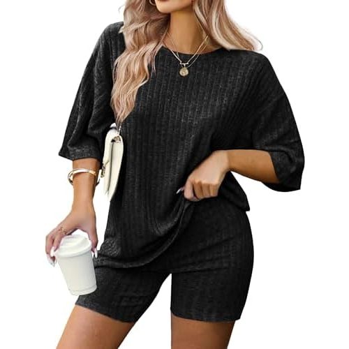IN'VOLAND Women's Plus Size 2 Piece Tracksuit Outfits Sets Ribbed Knit Sets Short Sleeve Top Drawstring Casual Shorts Set
