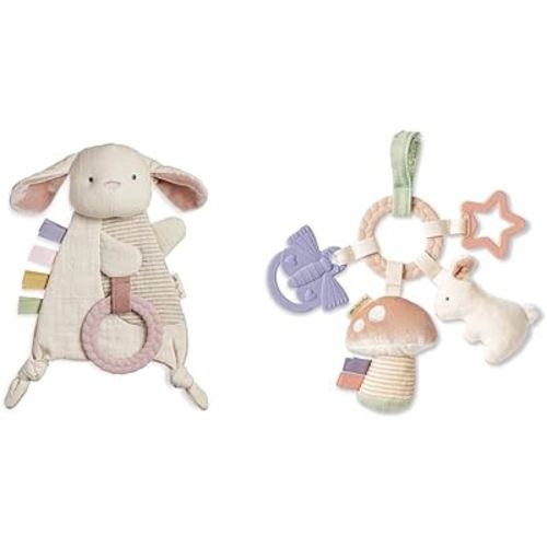 Itzy Ritzy - Bitzy Crinkle Sensory Toy Bunny with Crinkle Sound for Babies & Toddlers - Features Sof & Teething Activity Toy - Bitzy Busy Ring Features Braided Teething Ring and Dangling Toys