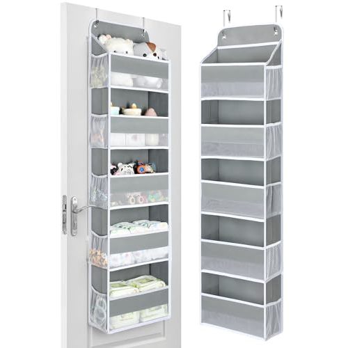 Yecaye 1 Pc Over the Door Organizer with 5 Bins 10 Side Pockets, 44lbs Load Hanging Bathroom and Bedroom Organizer, behind the Door Hanging Organizers for Nursery Newborn Baby Essential Stuff Grey