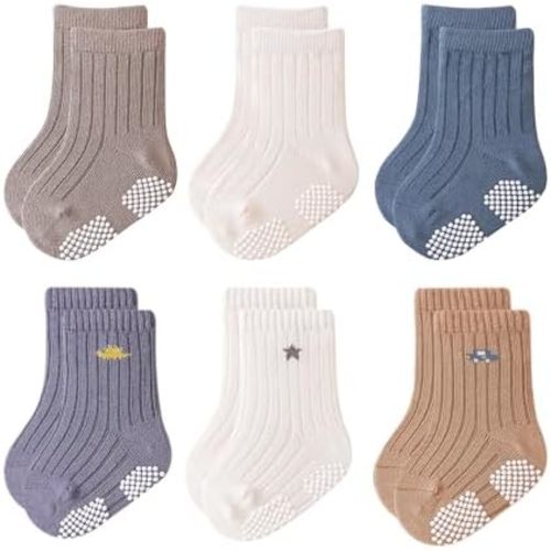 VWU Baby Toddler Socks with Grips Kids Girl Boy Crew Ankle Socks Cotton Anti Slip 0-6T 6 Pack