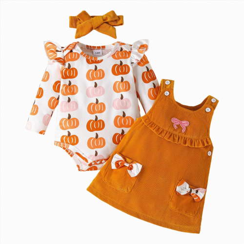 CAICJ98 My First Halloween Baby Boy Outfit Fall Winter Clothes Suspender Skirt Newborn Long Sleeve Ruffled Romper + Cute Pumpkin Dress + Headband Spring Outfits Orange,Size 0-3 Months