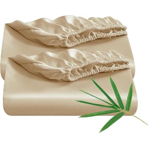 2 Pack Twin Bamboo Viscose Fitted Sheet Only, 400 Thread Count, 16" Deep Pocket, Cooling Sheet for Hot Sleeper, Breathable Silky Smooth Ultra Soft Bottom Sheet (Beige, Twin)
