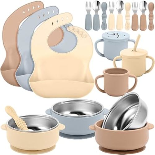 Yinder 15 Pack Silicone Baby Feeding Set Include Baby Bowls Spoons Forks Adjustable Bib Tiny Cups for Babies Toddlers Kids Self Feeding Eating Utensils Weaning Supplies(Brown/beige/gray)