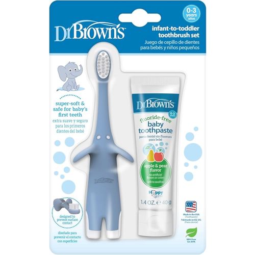 Dr. Brown's Infant-to-Toddler Training Toothbrush Set, Blue Elephant with Fluoride-Free Apple Pear Baby Toothpaste, 0-3 years