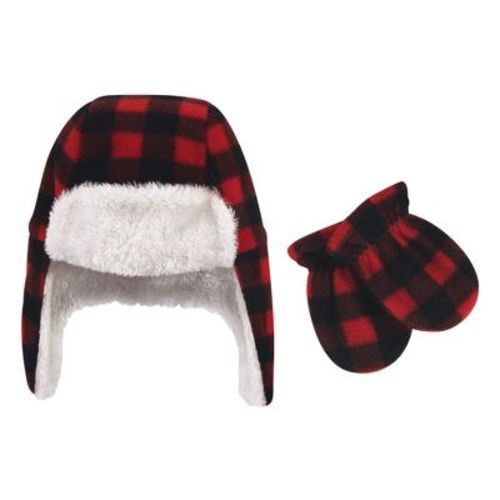 Hudson Baby Infant and Toddler Fleece Trapper Hat and Mitten 2pc, Black Red Plaid, 0-6 Months