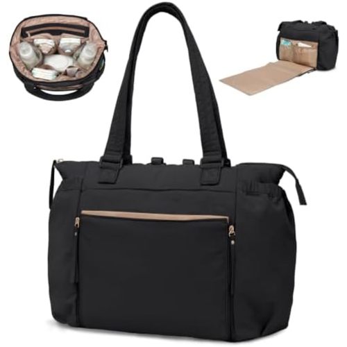 MOMINSIDE Diaper Bag Tote with Changing Pad Puffer Diaper Bag Backpack pañaleras para bebe Large Baby Bag, Hospital Bag Mommy Bag Travel Diaper Bag for Mom, Baby Shower Gifts, 16 Pockets, Black