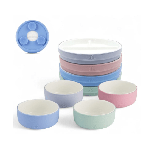 Kids Porcelain Mealtime Bundle | Suction Sleeves | 6.7" Plates + Bowls | 8 Pcs | Blush/Lilac/Sage/Misty Blue