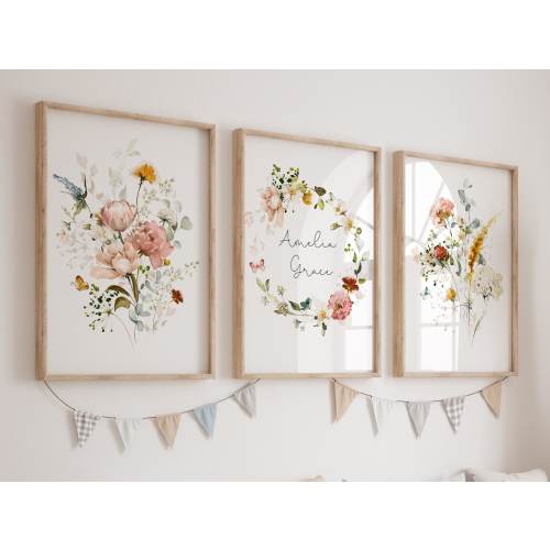 DIGITAL Set of Wildflower Name Prints, Floral Nursery Decor, Boho Baby Girl Nursery Decor, Personalized Baby Name Sign Custom Baby Girl Name