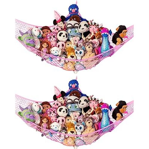 Lilly's Love Stuffed Animal Hammock | Corner Hanging Organizer, Toy Storage, Stuffed Animal Storage Net | Made from Quality Fishing Net, Holds 12lbs | 67"x47"x47" (Pink, 2 Pack)