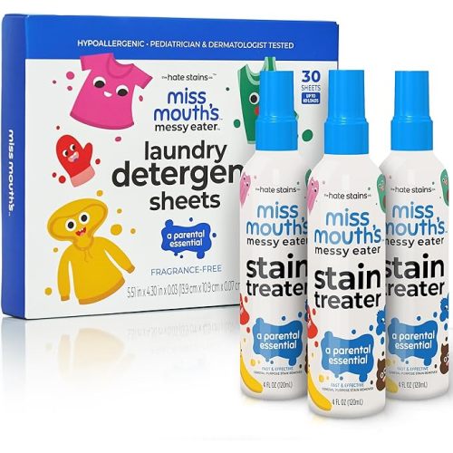 Miss Mouth’s Messy Eater Stain Treater Stain & Suds Duo Pack - 3 Pack Spray and 30 Pack Detergent Sheet bundle - Newborn & Baby Essentials - Food, Grease, Coffee Off Laundry, Underwear, Fabric