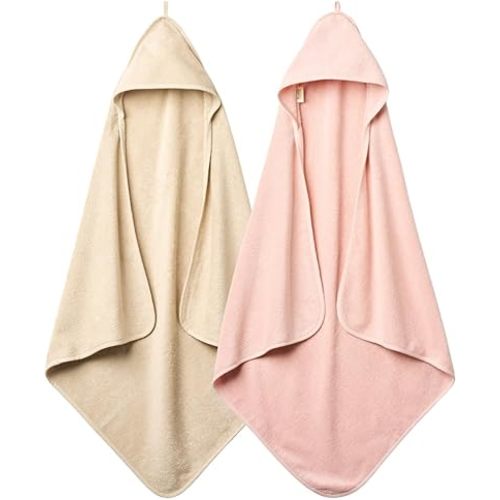 Baby Hooded Towel – Organic Cotton Baby Bath Towels, 32" x 32" Super-Soft and Absorbent Baby Towels for Newborn 2-Pack (Blush/Fog)