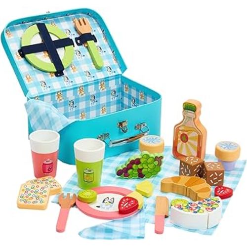 Bluey – Picnic Basket Set – 30 Piece Wooden Roleplay Toy with Carry Case, Cutlery & Pretend Food Accessories for Kids – FSC-Certified Material – Fun Imaginative Kit for 3 Years and Up
