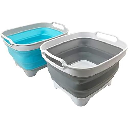 SAMMART 7.5L (2 Gallons) Collapsible Dishpan with Draining Plug - Foldable Washing Basin - Portable Dish Washing Tub - Space Saving y (Grey + Cyanine, 2)