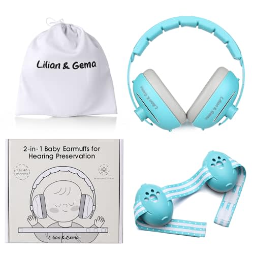 Lilian&Gema 2-in-1 Baby Ear Muffs Noise Protection up to 48 Months - Baby Airplane/Travel Essentials - Adjustable Noise Reduction Earmuffs - Ear Protection Headphones for Infant & Toddler, Blue