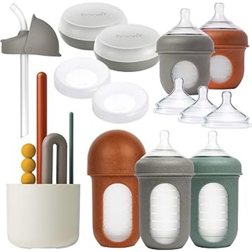 Boon Nursh Baby Bottle Gift Set - Baby Feeding Essentials for New Moms - Includes 4 Oz and 8 Oz Baby Bottles, Storage Lids, Fast Flow Nipples, Storage Buns, Straw Lid, and Mod Baby Bottle Brush Set