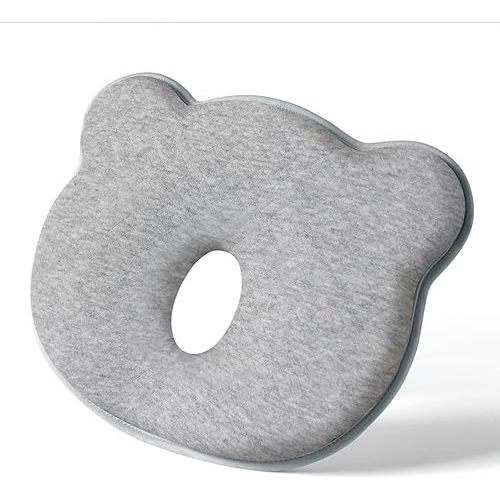 Memory Foam Baby Head Support Pillow for Newborn - 100% Cotton, Portable & Machine-Washable Baby Head Pillow to Prevent Flat Head,Grey