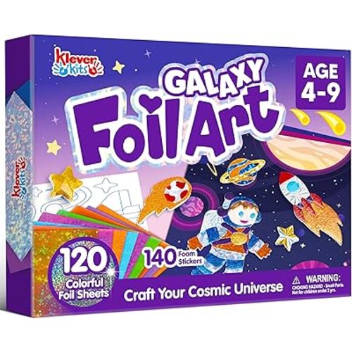 Klever Kits Outer Space Foil Art Kit for Kids - Arts & Crafts Supplies, Mess Free Coloring, Galaxy Foil Foam Stickers, Creative Travel Toys, Birthday Gifts for Boys & Girls Ages 4 and Up
