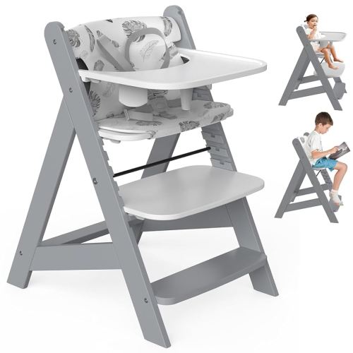 Wooden High Chair with Tray, Adjustable and Convertible for Babies and Toddlers, Water-Resistant Natural Wood, Ergonomic High Chair Grows with Kids, Grey