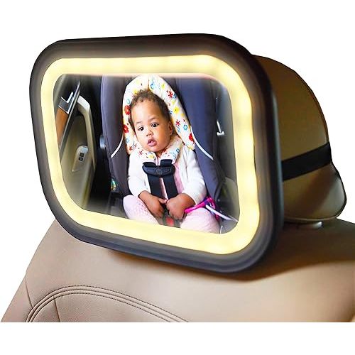 GoldBug Glow Mirror - XL Rear-Facing Baby Car Seat Mirror with Adjustable LED Lighting & Remote Control