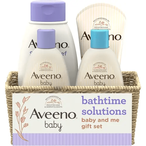 Aveeno Baby Bathtime Solutions Baby & Me Gift Set with Baby Wash & Shampoo, Calming Baby Bath, Baby Daily Moisturizing Lotion & Stress Relief Body Wash for Mom, Oatmeal, 4 Items