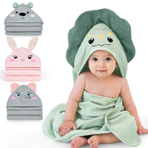 FIOBEE Hooded Baby Towels 100% Muslin Baby Bath Towels for Newborn with Animal Design Ultra-Soft and Absorbent Bath Essentials for Toddler, Unisex Girls Boys 30 x 30 inch, Green Dinosaur