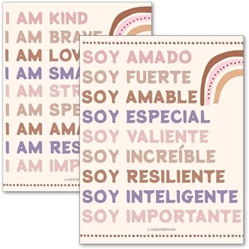 LARKINROAD - Bilingual English and Spanish Positive Affirmations Wall Decor - Essentials for Classroom Decor, Homeschool Supplies Girls Bedroom and Home Decor