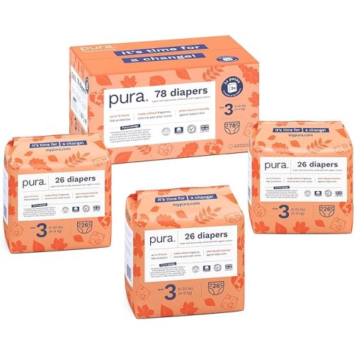 Size 3 Eco-Friendly Diapers (9-20 lbs) Totally Chlorine Free (TCF),Hypoallergenic, Soft Organic Cotton, Sustainable, up to 12 Hours Leak Protection, Allergy UK,26 Count (Pack of 3) (78 Baby Diapers) - Size 3 (78 Diapers)