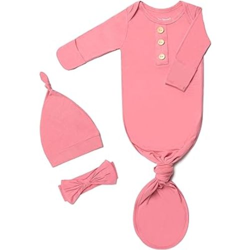 Newborn Baby Knotted Gown, Super Soft Silky Infant Sleeper, Baby Girl Sleep Gown with Mittens, Bow, and Hat Set