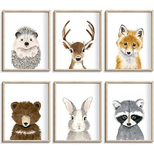 Little Orchard Nursery Room Wall Art: Cute Safari Animal decorations - Bear, Fox, Rabbit, Fawn for Baby Bedrooms