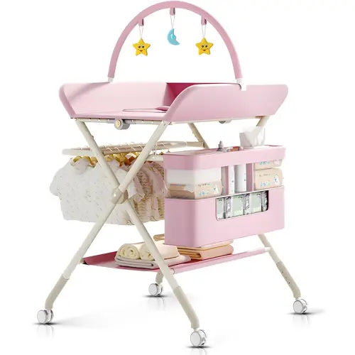 Foldable Portable Changing Table for Baby,Upgraded Style Baby Portable Diaper Changing Station with Wheels,Nursery Five Level Adjustable Height Changing Table with Organizer Storage(Pink)