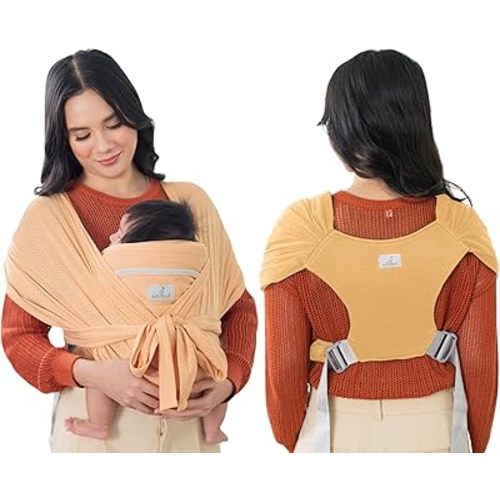 BabbleRoo Baby Wraps Carrier - Baby Essentials Baby Sling Carrier, Secure & Comfortable, Breathable, Easy-to-use, Adjustable XS to XL, Promoting Parent-Child Bonding, Oak Buff