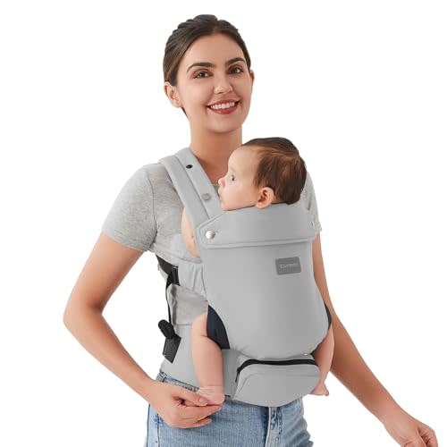 Topmeta Baby Carrier Newborn - Ergonomic, Cozy and Lightweight Infant Carrier for 7-24lbs, Adjustable Neck Support, Ideal for Hands-Free Parenting, 100% Cotton, Silver Gray