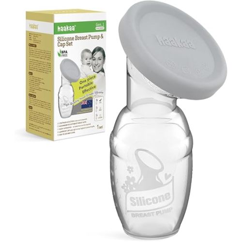 haakaa Manual Breast Pump Breastfeeding Pump with Food Grade Silicone Cap (Grey) 4oz/100ml