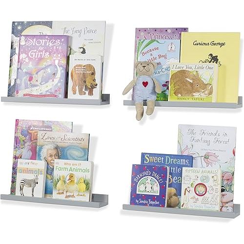 Wallniture Denver Floating Book Shelves for Wall, Kids Room and Nursery Decor, Photo Picture Ledge Shelf, Set of 4, Gray