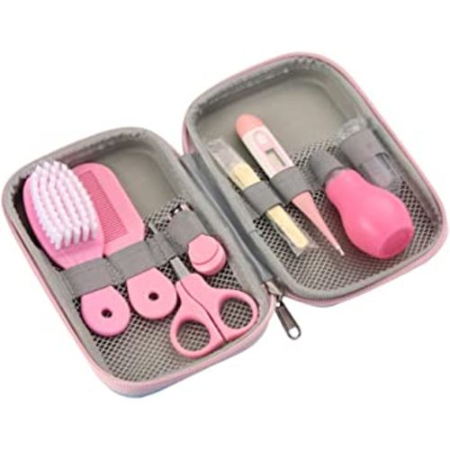 ZELINYE Baby Grooming Kit, 8 in 1 with Brush, Comb, Nail Clipper and File, Nasal Cleaner, Finger Toothbrush, Scissors, Portable Newborn Essentials Set Pink