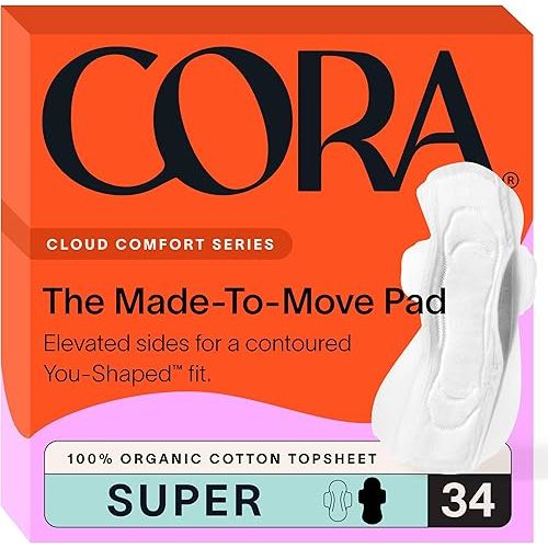 Cora Made-to-Move Regular Pads with Wings, Organic Cotton Topsheet Ultra Thin Feminine Care Pads for Women, Soft, Comfortable & Breathable Menstrual Pad, Super Absorbency, Unscented, 34 Count