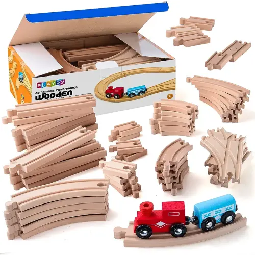 Play22 Wooden Train Tracks - 52 PCS + 2 Bonus Car Toy Trains - for Kids is Compatible with Thomas Wooden Railway Systems and All Major Brands - Original