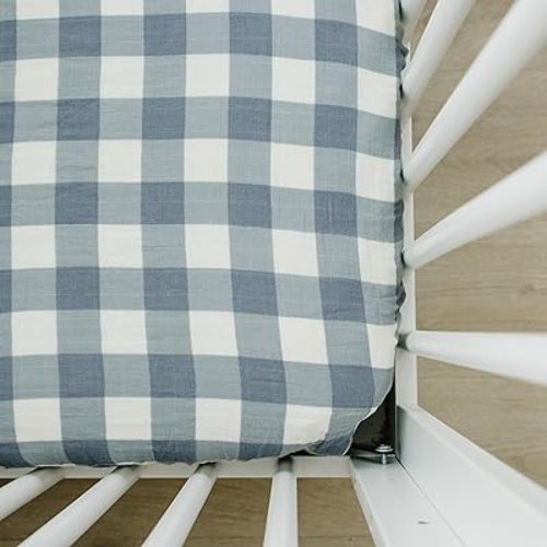 Dusty Blue Gingham Muslin Crib Sheet by Mebie Baby, Soft and Breathable Bed Sheets for Babies, Modern Neutral Bedding for Cribs, Standard Crib Mattress Fitted Sheet, Great for Boy or Girl Room