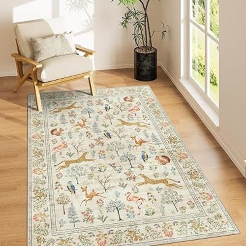 DUKINO 3x5 Rug, Washable Animal Area Rug with Non Slip Vintage Design, Indoor Soft Low Pile Carpet for Bedroom, Nursery, Dining Room, Farmhouse, Playroom, White