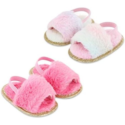 2 Pack Infant Baby Girls Sandals Elastic Back Strap Flats Slippers Soft Toddles Princess Shoes Faux Fur Slides Shoes First Walker House Shoes