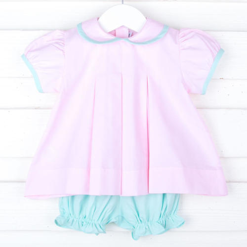 Pink and Mint Trim Pleated Bloomer Set