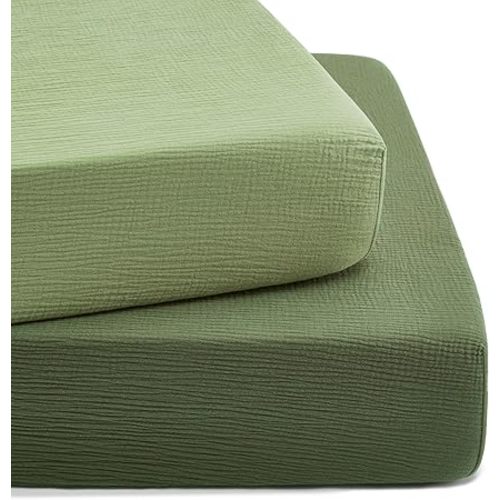 TILLYOU 2 Pack Muslin Crib Sheet for Boys and Girls - 100% Cotton Fitted Crib Sheet for Toddler Standard Crib Mattress, Soft and Breathable, 52"x28", Forest Green&Light Green