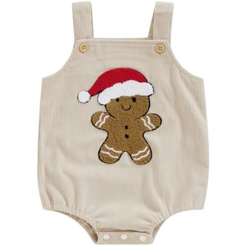Lesimsam Newborn Baby Boy Girl Christmas Outfit Gingerbread Man Embroidery Sleeveless Suspender Overall Romper Bodysuit