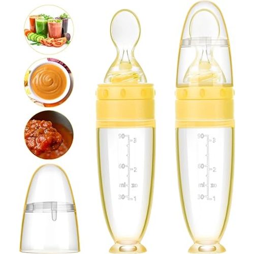 2 Pieces Silicone Baby Spoons Baby Feeding Spoon with Standing Base for Infant 0-24 Months Dispensing and Feeding (Yellow)