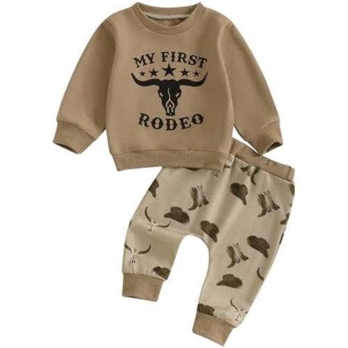 Toddler Baby Boy Western Clothes “My First Rodeo” Sweatshirt Top Pants Set 2Pcs Fall Winter Cowboy Outfit