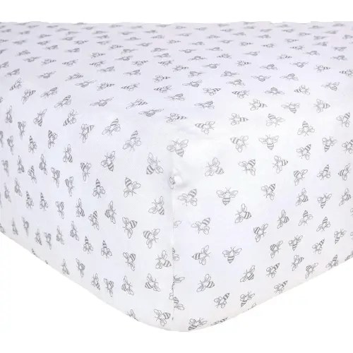 Burts Bees Baby Print Fitted Crib Sheet Organic Cotton BEESNUG - Honey Bee Heather Grey Prints, Fits Unisex Standard Bed and Toddler Mattress, Infant Essentials, 52 x 28 Inch 1-Pack