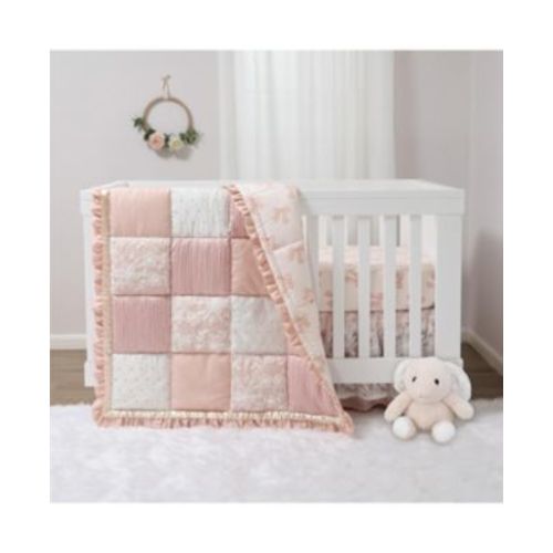 3 Piece Baby Crib Bedding Set for Girls - Cotton Fitted Crib Sheet, Layered Dust Ruffle, Comforter, Pink, Gold, Floral - Grace
