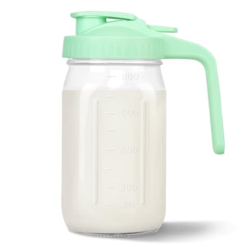 Mason Jar Pitcher, 32 oz Glass Milk Pitcher, Wide Mouth & Leakproof Glass Pitcher with Lid for milk, Sun Tea, Juice, Cold Brew Coffee and Drinks