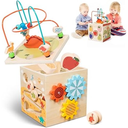 Dinosaur Theme 5-in-1 Wooden Montessori Activity Cube for 1 Year Old Kids