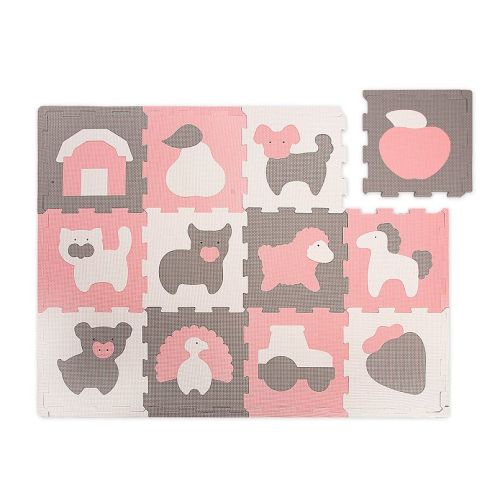 Hakuna Matte Farm 47" x 35" Foam Floor Tiles Baby Play Mat, Pink & Gray Animal Shapes